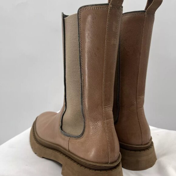 Brunello Cucinelli Leather Chelsea Mid Calf Round Toe Platform Boots Size 38.5 - Picture 11 of 14
